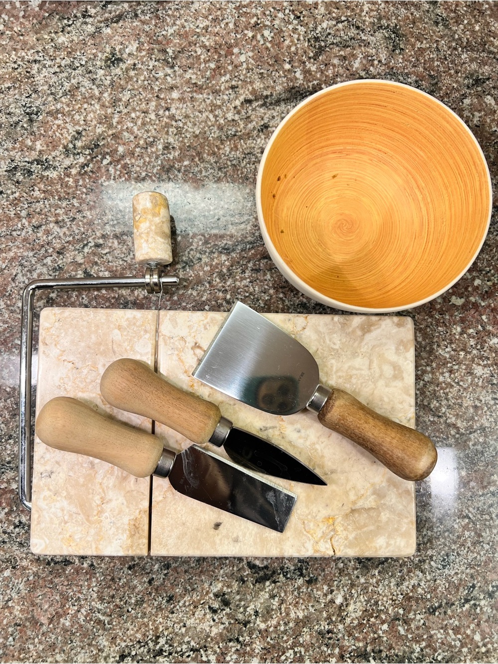 Wood-Handled Cheese Knife Set and marble slicer